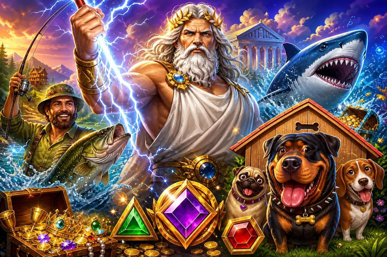 Vibrant slot game scene featuring mythical hero Zeus surrounded by clouds and glowing gems.